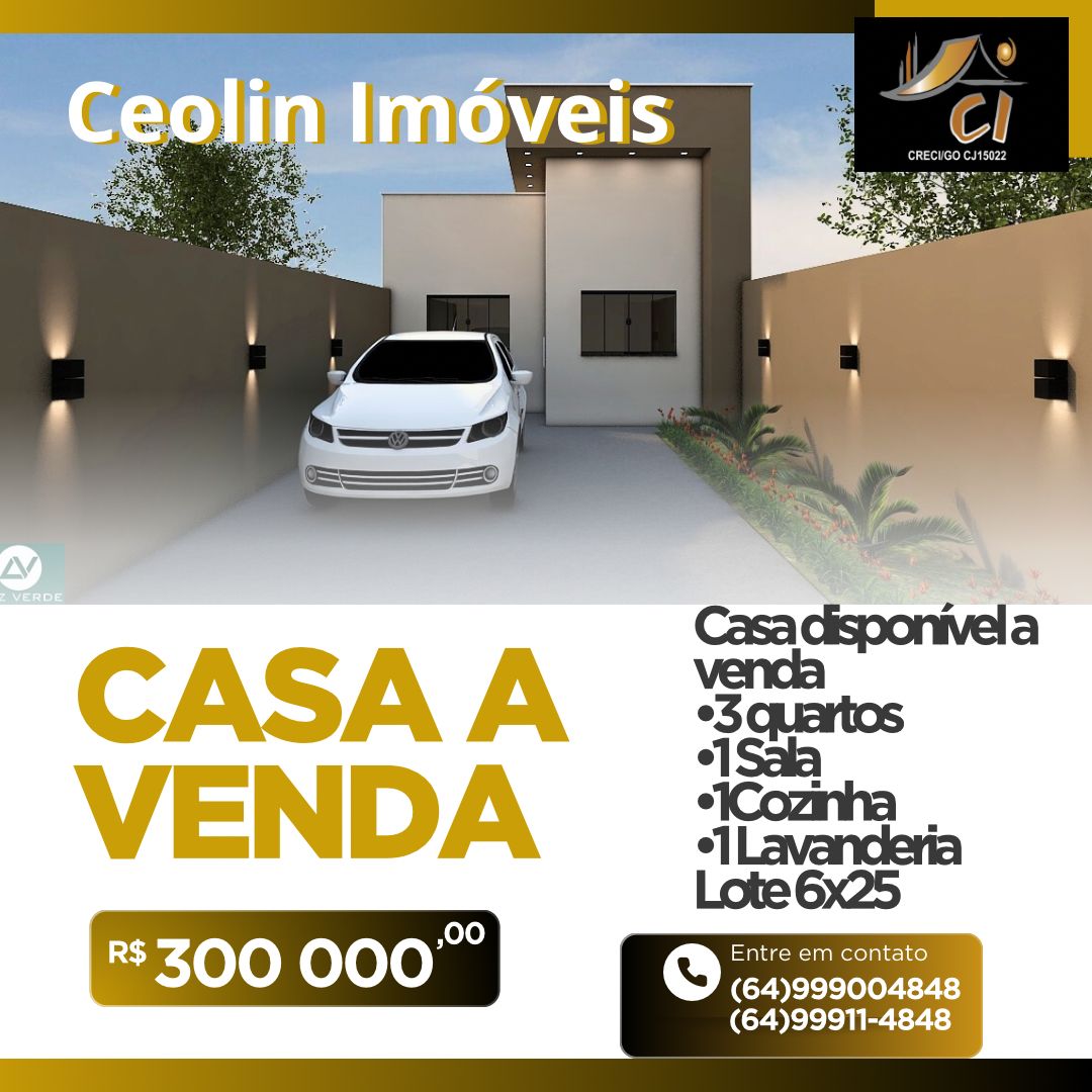 1🏡 Casa Moderna à Venda Localização privilegiadA Características do imóvel: ✅ 3 quartos espaçosos ✅ 1 sala ampla e aconchegante ✅ 1 cozinha funcional ✅ 1 lavanderia prática ✅ Lote de 6x25m🚗 Garagem para maior conforto e segurança📞 Entre em contato e agende sua visita!(64) 99900-4848 A casa dos seus sonhos está te esperando!